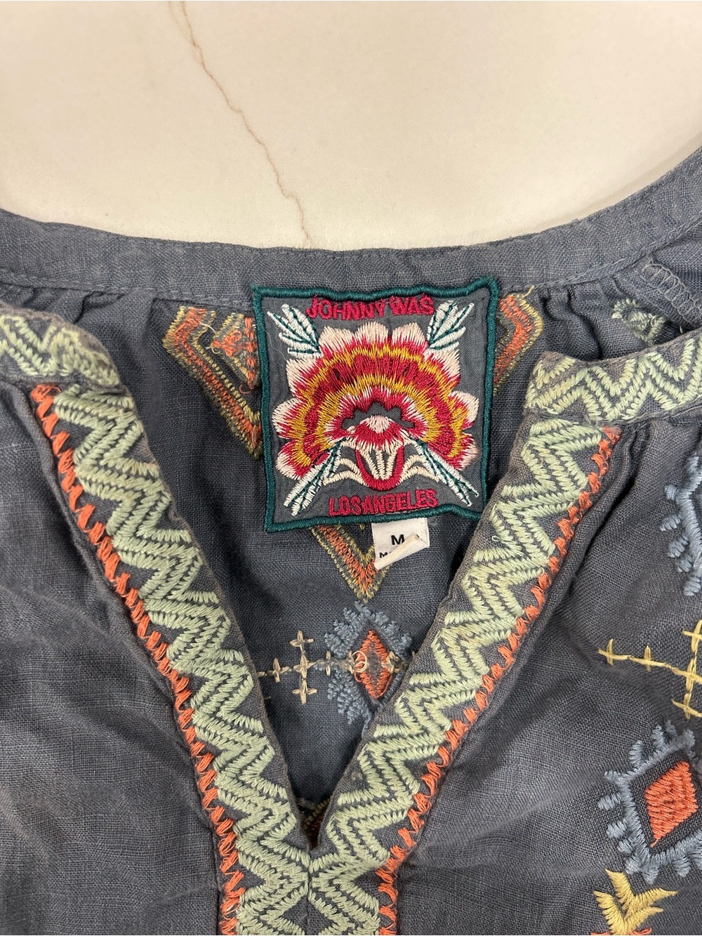 Johnny Was Gray Button-Down Shirt with Orange, Yellow and Blue Embroidery - Picture 2 of 7
